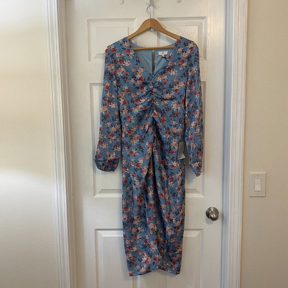 NSR Dresses & Skirts - NSR Heidi Rouched Slit Front Dress Floral Blue Sky WOMENS SIZE Large NWT